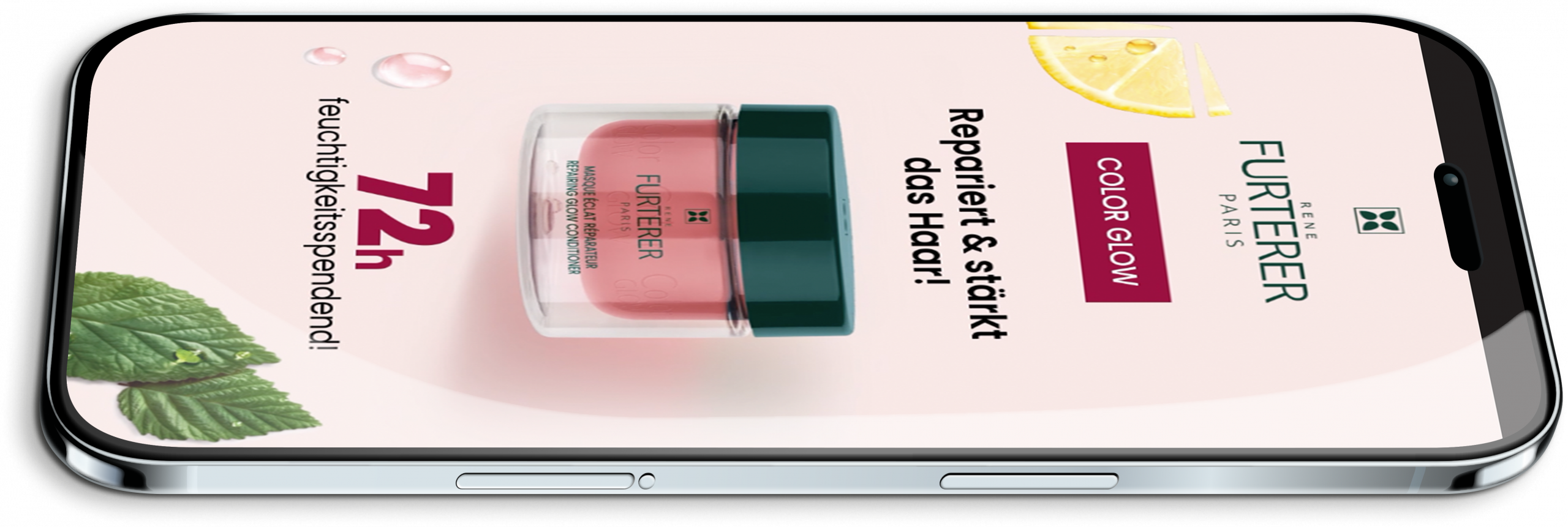 Iphone mit animiertem Sozial Media Instagram Reel: Erstellt für René Furterer, den französichen Top 10 Markenhersteller für Haarpflegeprodukte in Frankreich. Innerhalb eines Tages entstand dieses Instagram Reel zur Markteinführung der neuen Haarpflege-Produktlinie Color Glow in enger Abstimmung mit meiner Ansprechpartnerin bei René Furterer Deutschland.